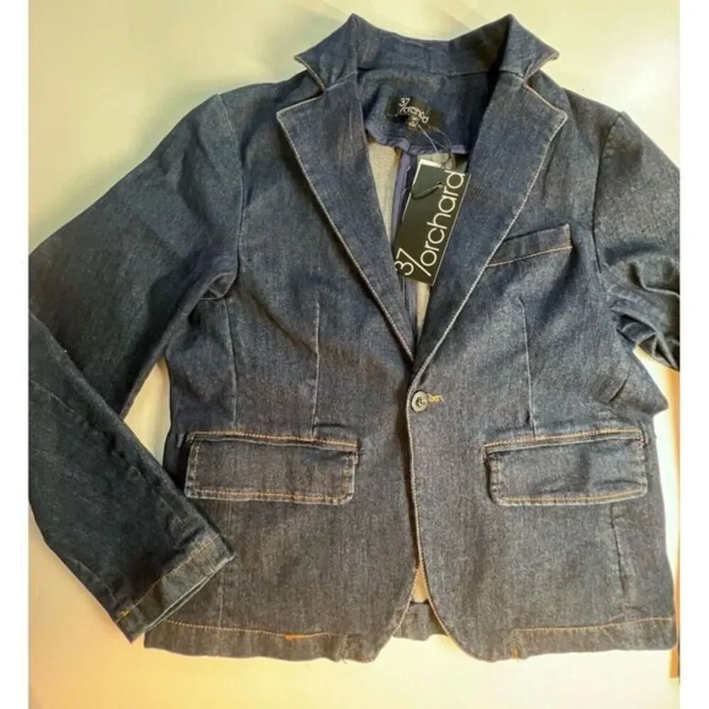 37 orchard Womens Blazer Size S Small Dark Wash Blue‎ Denim NWT One Button Sharp